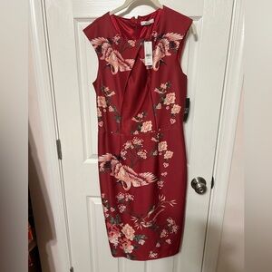 NWT New York & Company Asian Style Burgundy Bird and Floral Midi Dress
